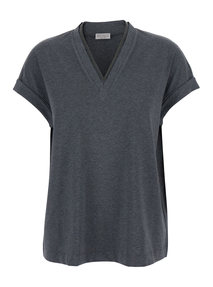 V-Neck T-Shirt with Monile Detail on the Front in Grey Cotton for Women Elastane Tshirts And Polo Shirts