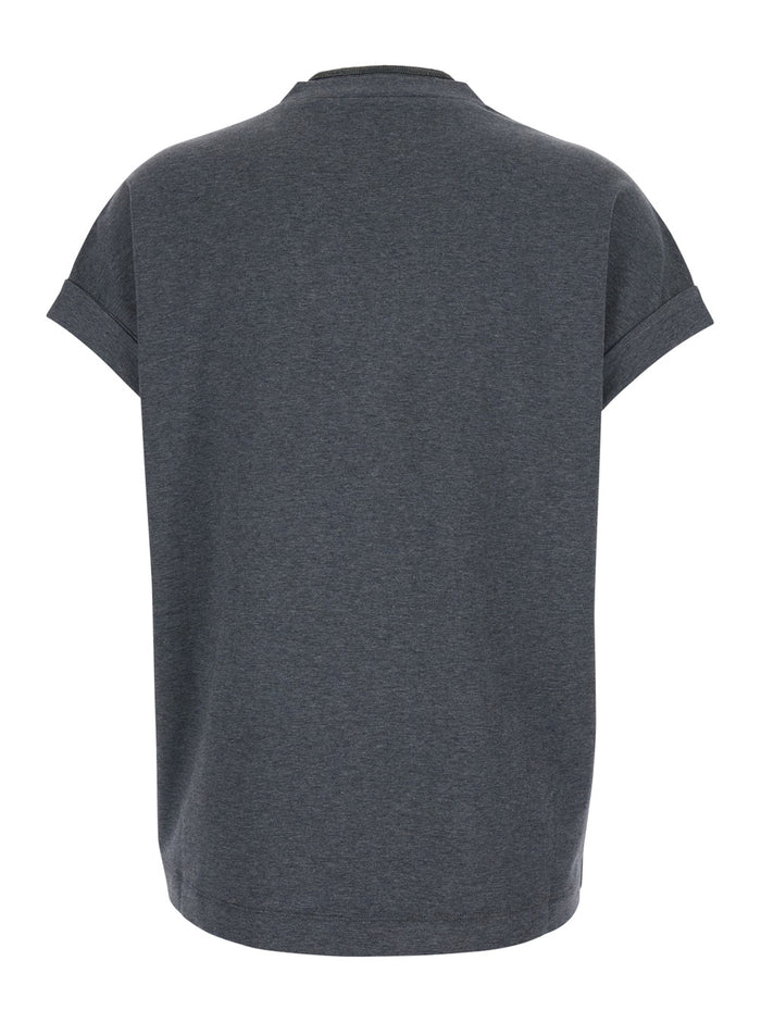 V-Neck T-Shirt with Monile Detail on the Front in Grey Cotton for Women Elastane Tshirts And Polo Shirts