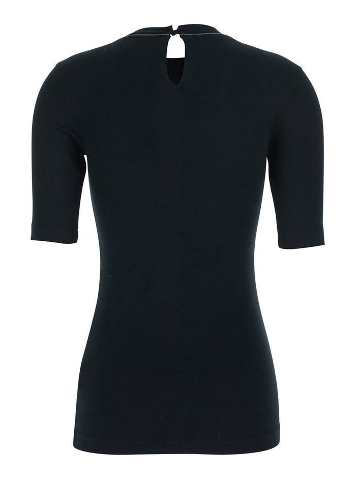 Black T-Shirt with Round Neck and Three-Quarter Sleeves in Cotton for Women Elastane Tshirts Polo Shirts