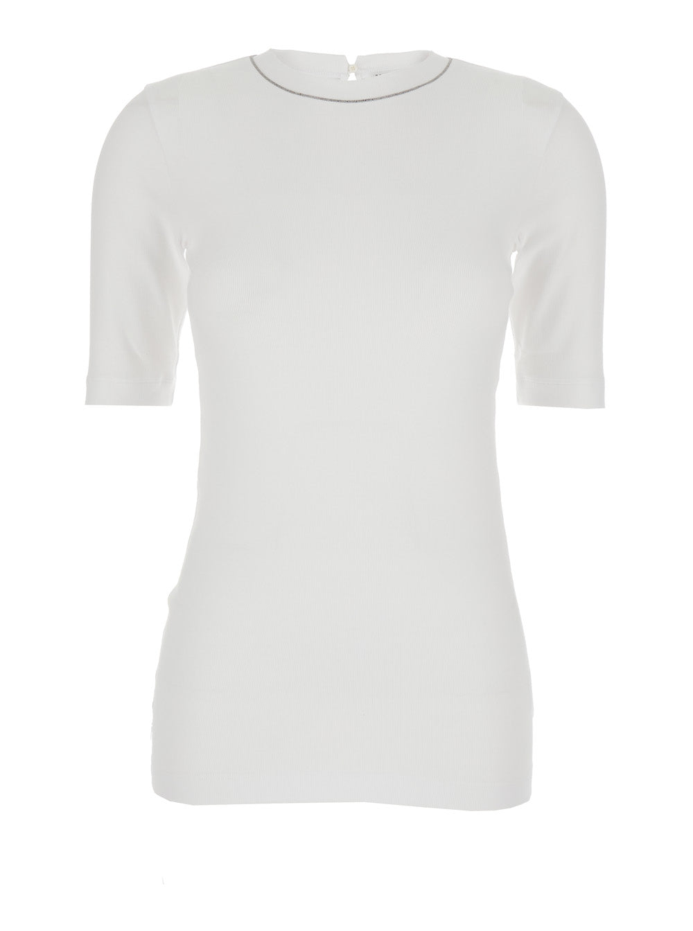 T-Shirt Monile Crew Neck with Detail on the Front in White Stretch Cotton for Women Elastane Tshirts And Polo Shirts