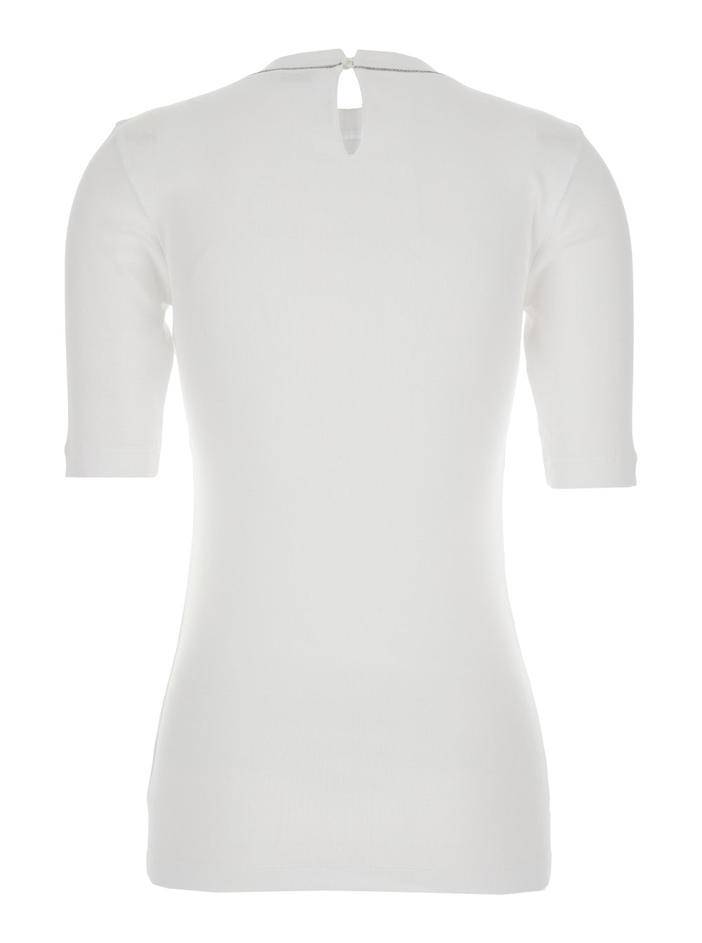 T-Shirt Monile Crew Neck with Detail on the Front in White Stretch Cotton for Women Elastane Tshirts And Polo Shirts