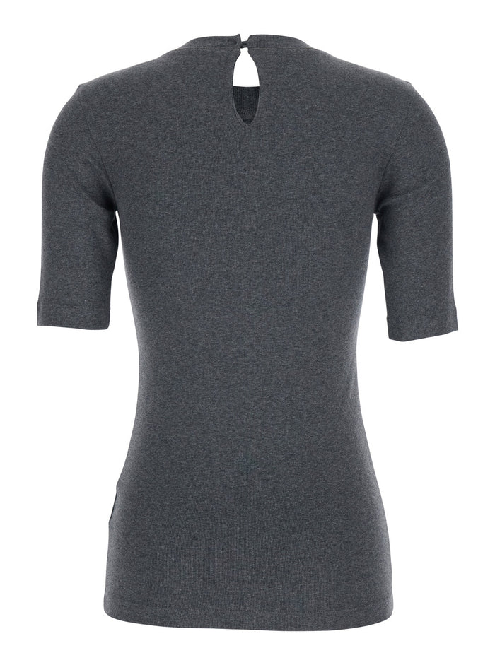 Gray T-Shirt with Round Neck and Three-Quarter Sleeves in Cotton for Women Grey Elastane Tshirts Polo Shirts