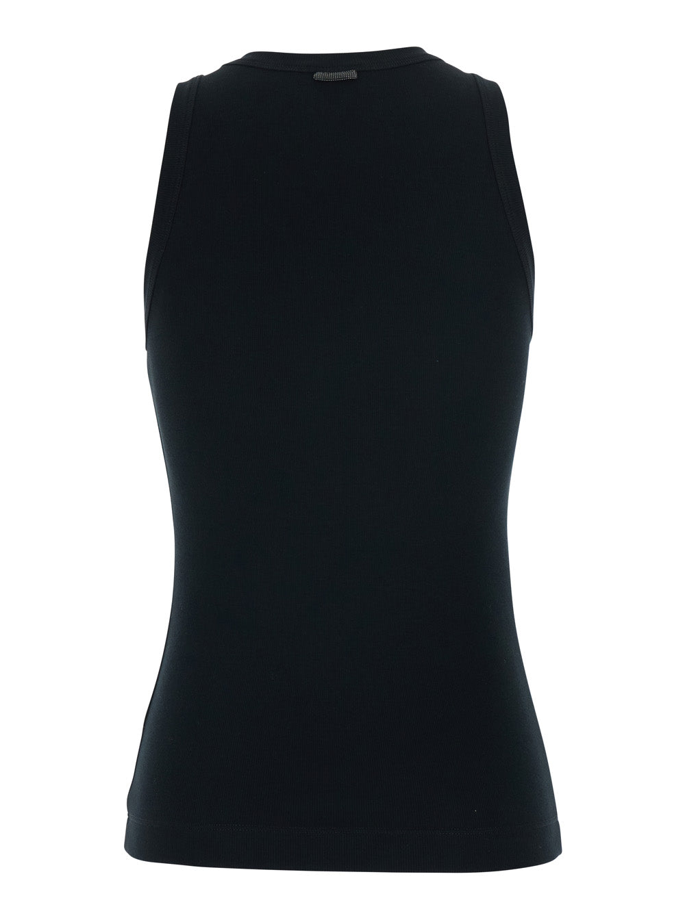 Black Top with Round Neck and Ribbed Design in Cotton Woman Elastane Tops