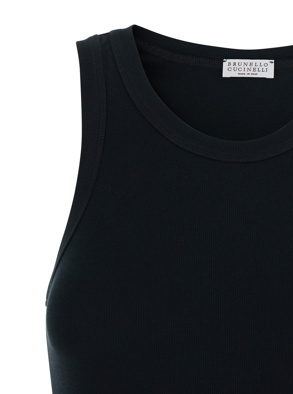 Black Top with Round Neck and Ribbed Design in Cotton Woman Elastane Tops