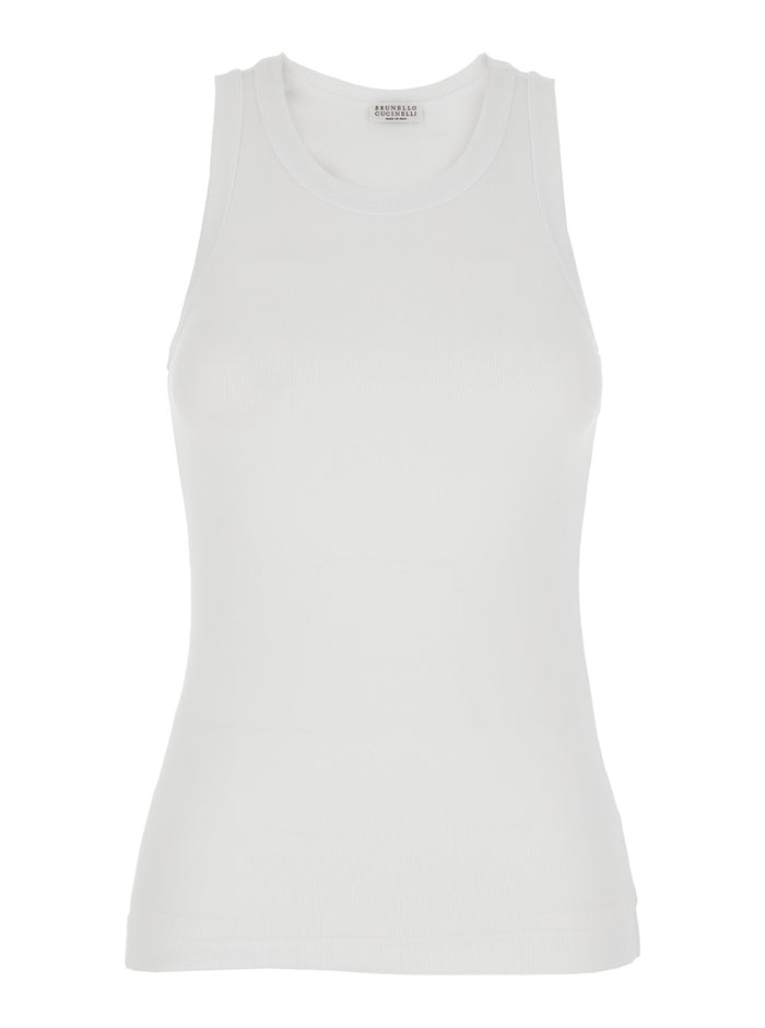 Crew Neck Top with Monile Detail on the Front in White Stretch Cotton for Women Elastane Tops