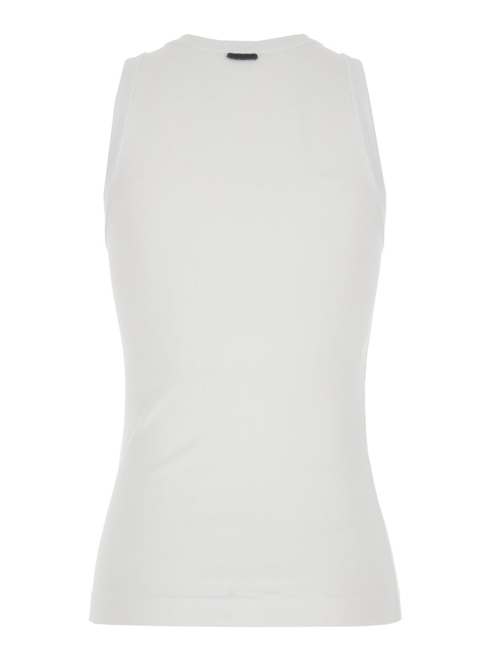 Crew Neck Top with Monile Detail on the Front in White Stretch Cotton for Women Elastane Tops