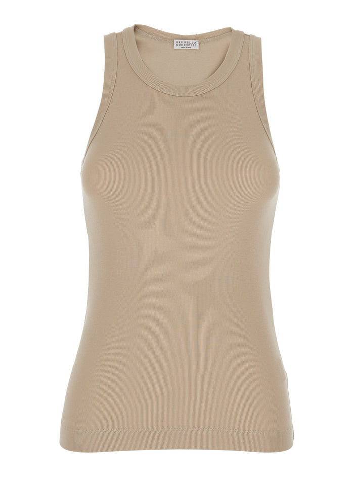 Beige Crew Neck Top With Monile Detail On The Front Stretch Cotton Woman Elastane Tops
