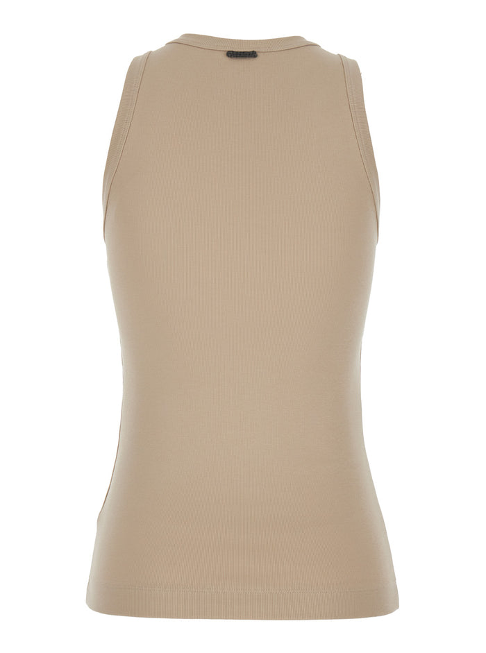 Beige Crew Neck Top With Monile Detail On The Front Stretch Cotton Woman Elastane Tops