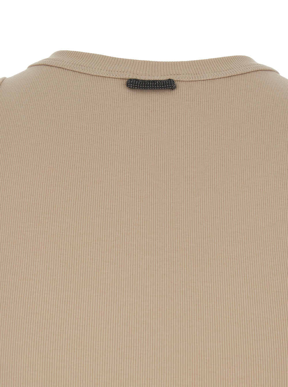 Beige Crew Neck Top With Monile Detail On The Front Stretch Cotton Woman Elastane Tops