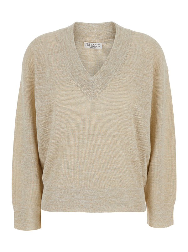Sweater V-Neck Linen-Blend Beige Tops