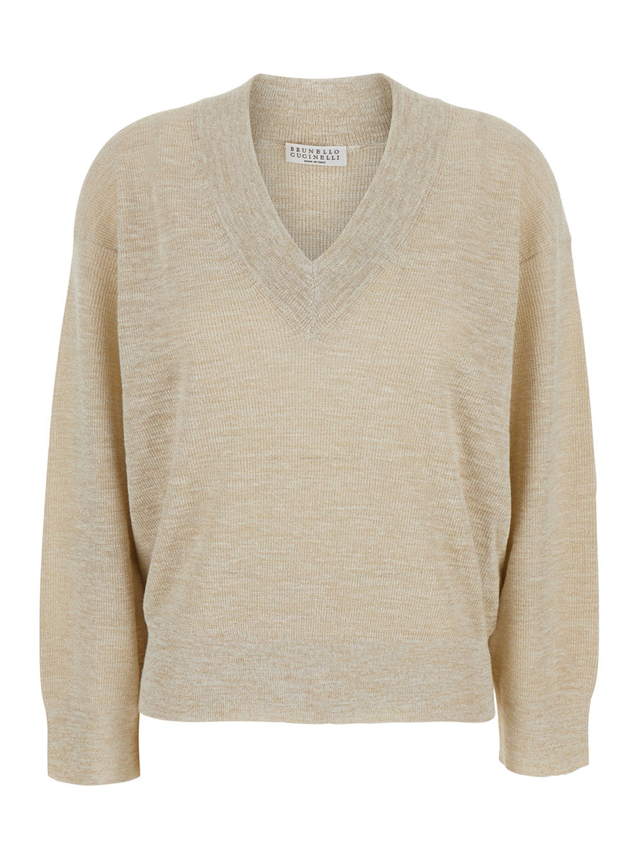 Sweater V-Neck Linen-Blend Beige Tops