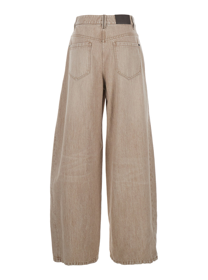 Beige Denim Five-Pocket Design Jeans with Logo Patch on the Back for Women Cotton