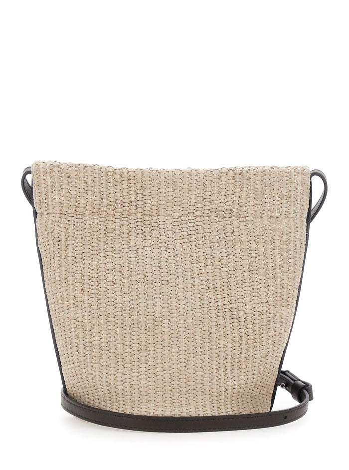 Beige Shoulder Bag with Plate on the Front in Raffia for Women Cotton Polyamide