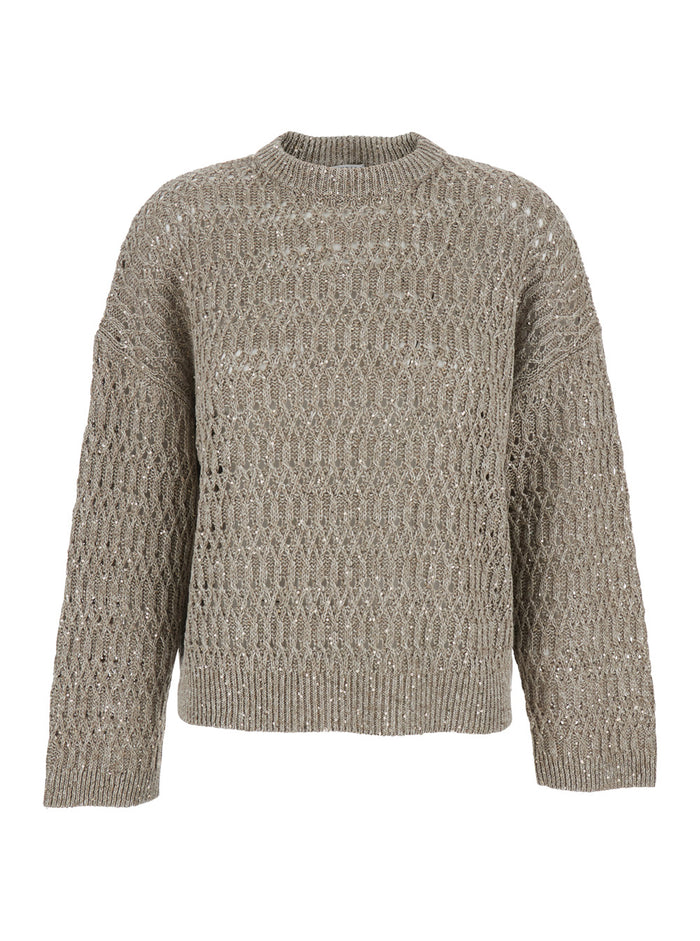 Beige Round Neck Pull with and Long Sleeves in Linen Woman Nylon Jersey