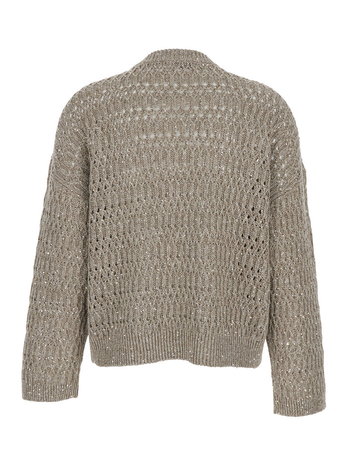 Beige Round Neck Pull with and Long Sleeves in Linen Woman Nylon Jersey