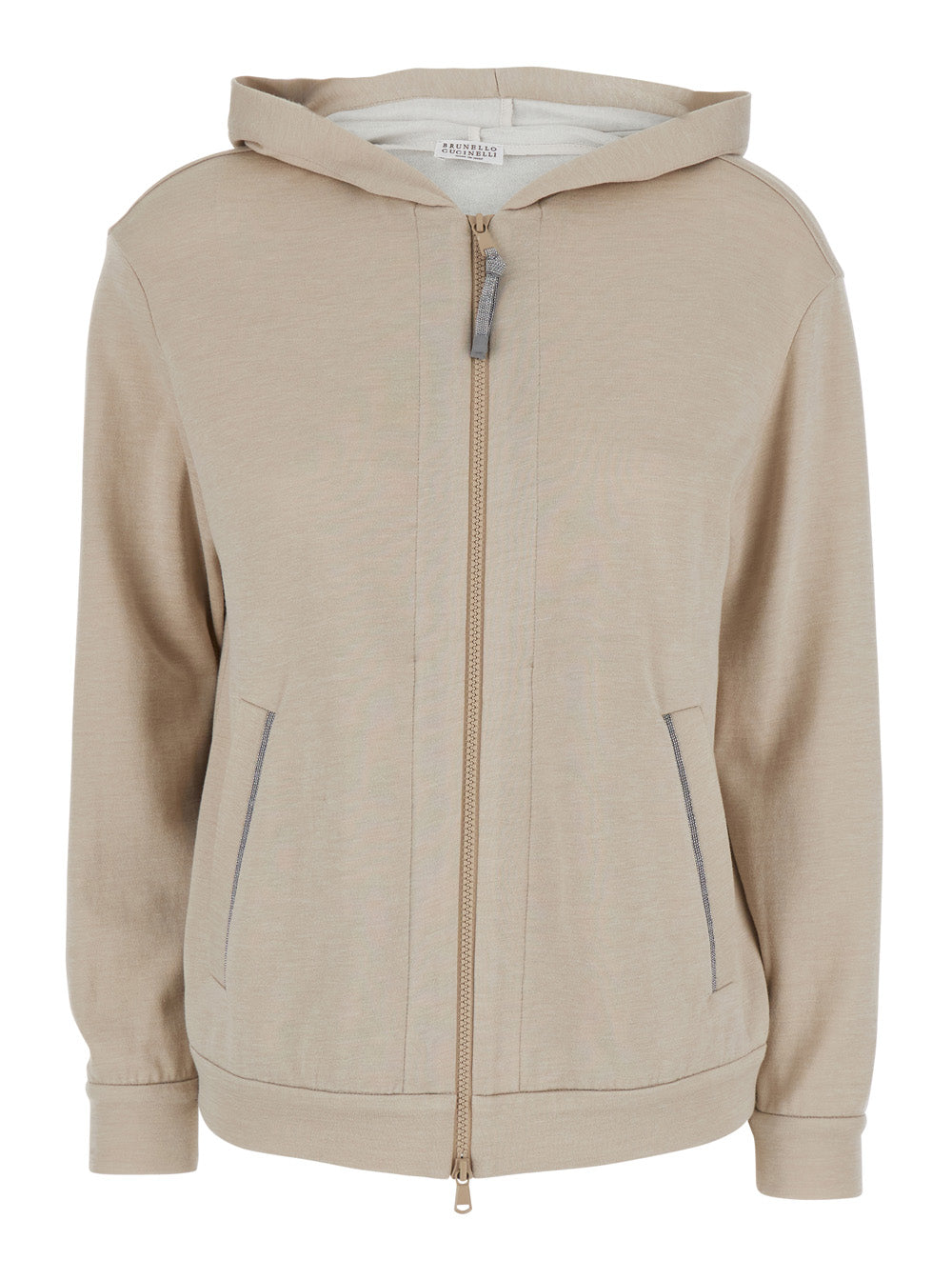 Beige Hooded Sweatshirt with Fixed Hood and Monile Details in Cotton Silk Blend Woman Polyamide Sweatshirts