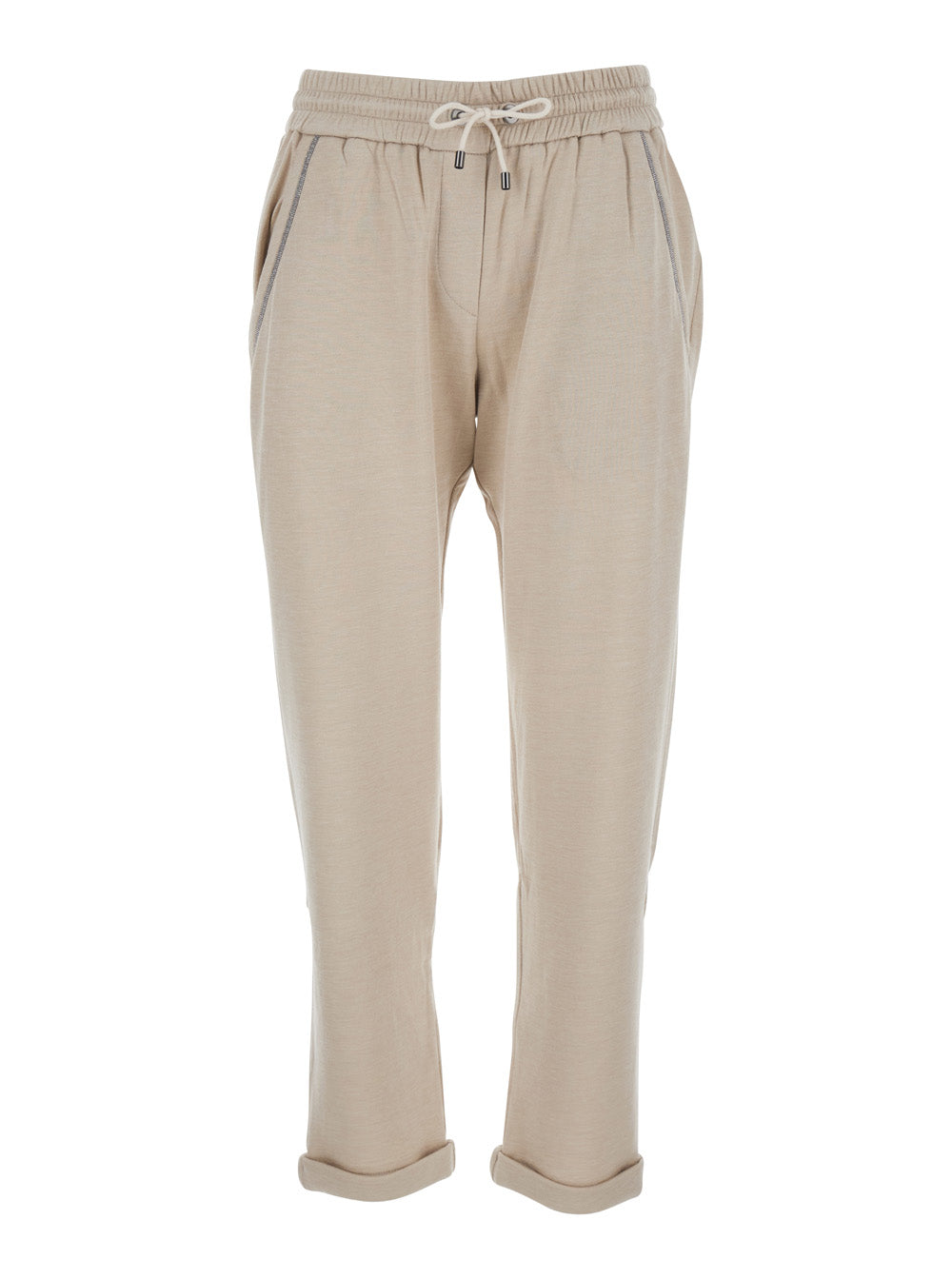 Beige Trousers with Elasticated Waist in Cotton and Silk Woman Polyamide