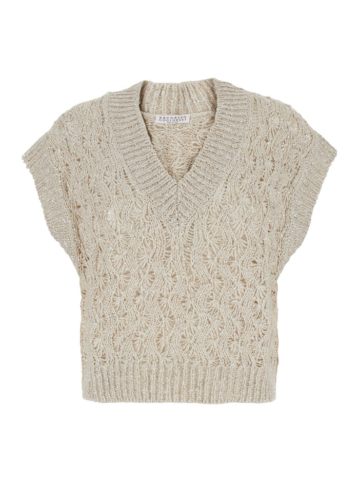 Beige Vest with V-neck and Sequin Detail in Silk Linen Blend for Women Jersey