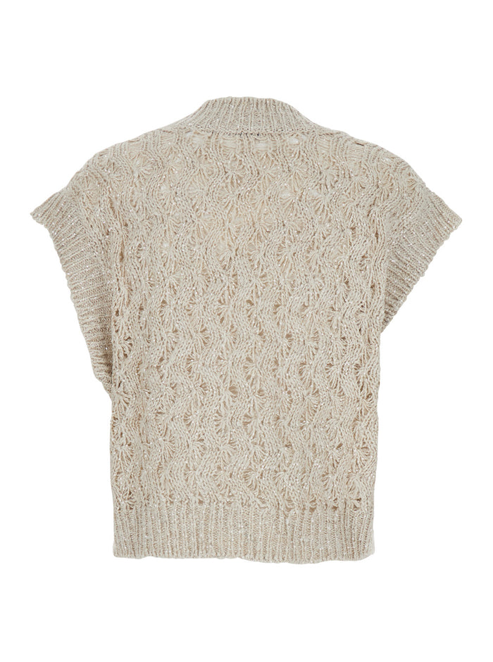 Beige Vest with V-neck and Sequin Detail in Silk Linen Blend for Women Jersey