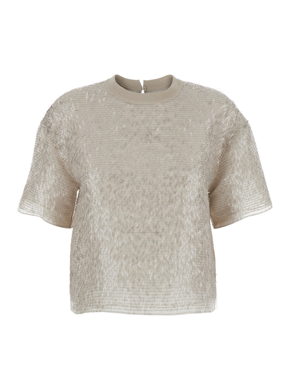 Beige T-shirt with Fringed Details in Silk for Women Tops