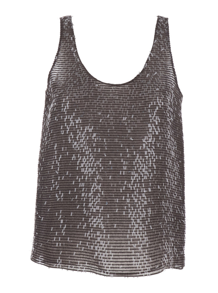 Silk Top with Round Neck and All-Over Sequins Brown Women Tops