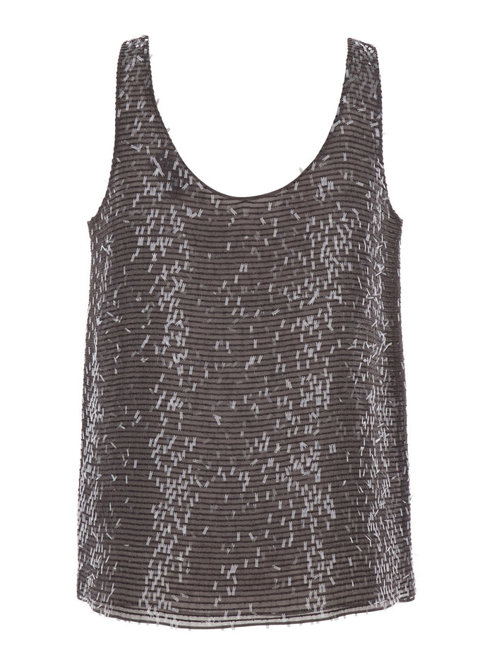 Silk Top with Round Neck and All-Over Sequins Brown Women Tops