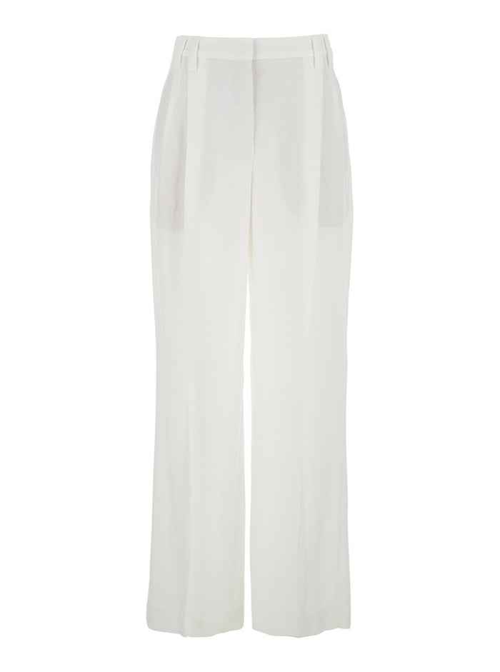 White Pants with Front Pleats in Tech Fabric for Women Viscose Linen Trousers