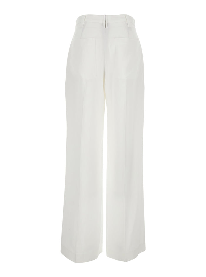 White Pants with Front Pleats in Tech Fabric for Women Viscose Linen Trousers