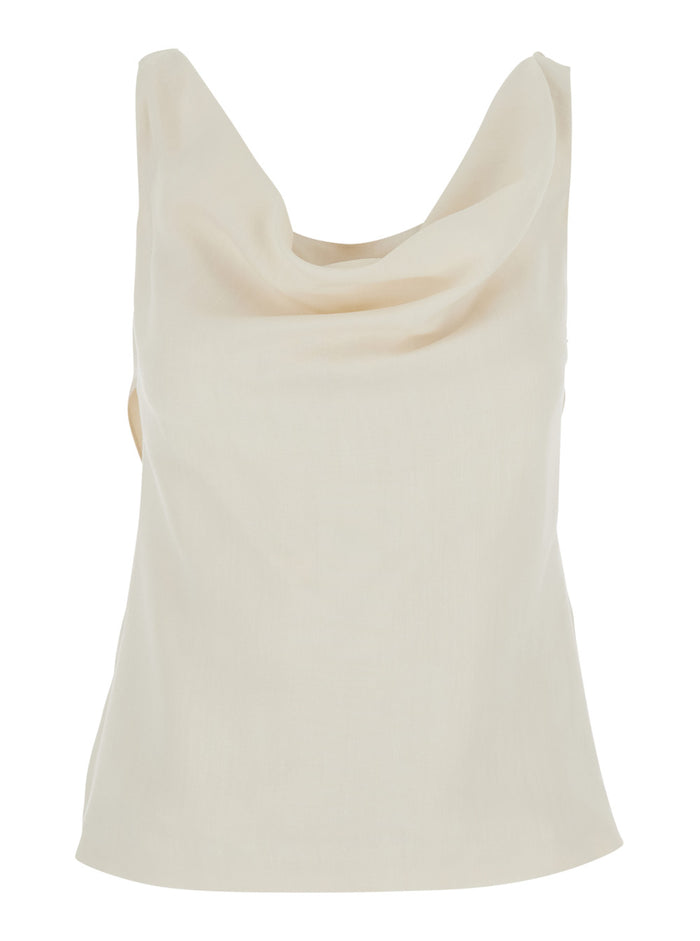 White Top with Draped Neckline in Viscose Blend for Women Linen Tops