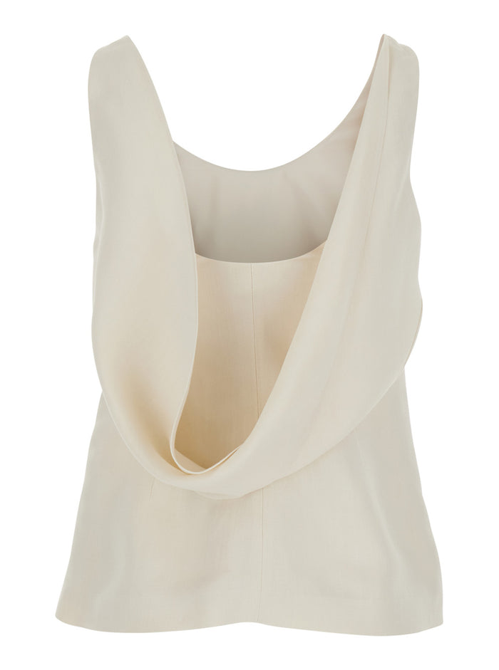 White Top with Draped Neckline in Viscose Blend for Women Linen Tops