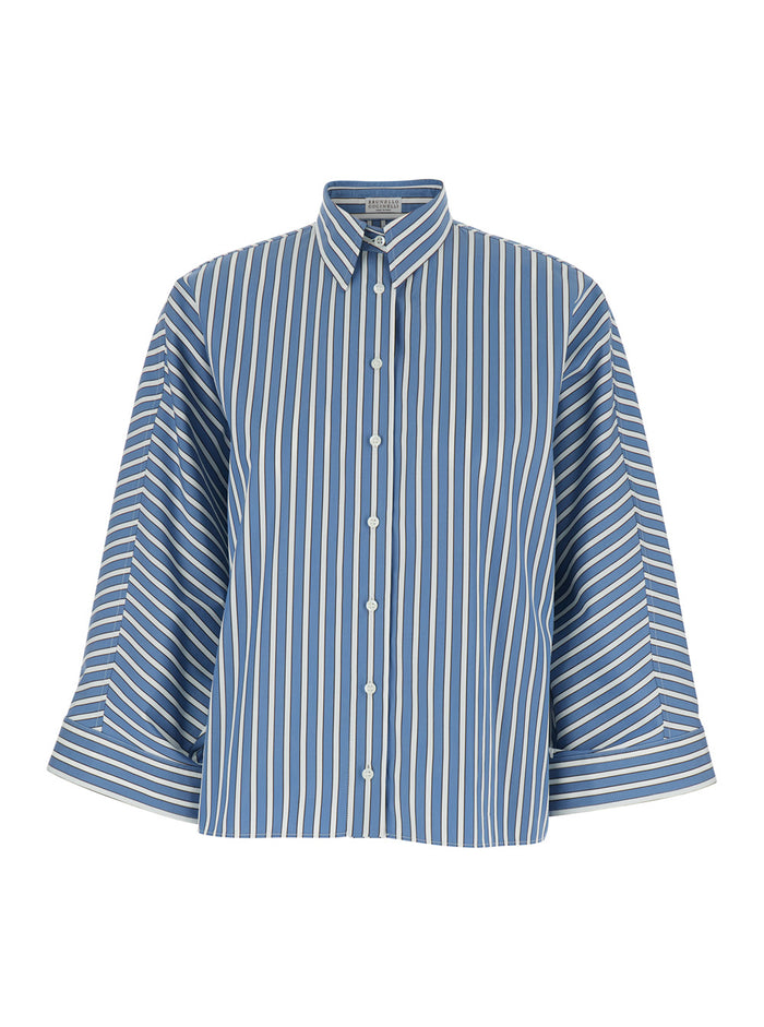 Oversized Shirt with Monile Detail on the Collar and All-Over Striped Motif in Blue Cotton for Women Blu Blouses