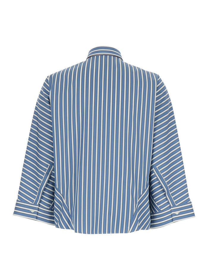 Oversized Shirt with Monile Detail on the Collar and All-Over Striped Motif in Blue Cotton for Women Blu Blouses