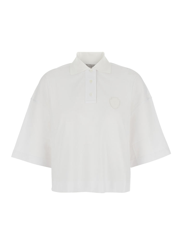 White Polo with Front Logo Patch In Cotton for Women Tshirts And Shirts