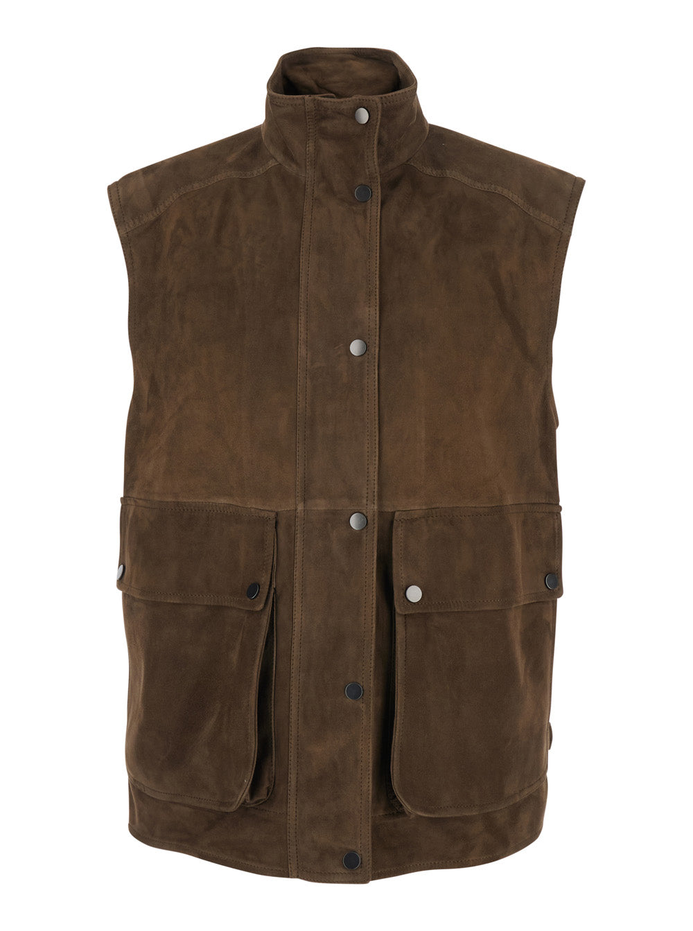 Brown Gilet with High Collar and Two Front Pockets In Leather for Women Lamb Blazers