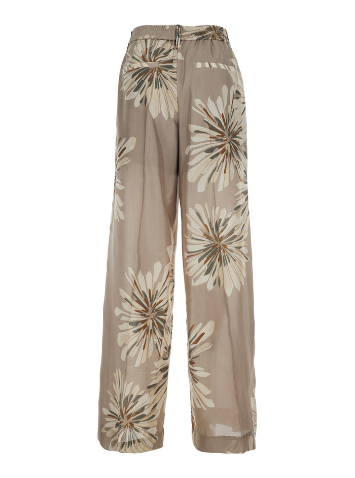 Beige Pants with Elastic Waist and All-Over Floral Print in Silk Woman Trousers