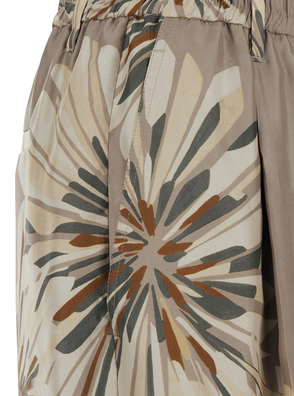 Beige Pants with Elastic Waist and All-Over Floral Print in Silk Woman Trousers