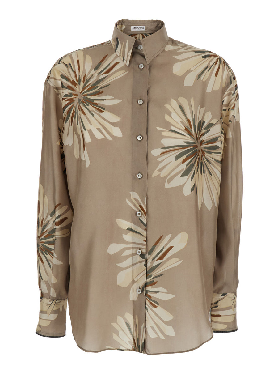 Silk Shirt With All-Over Print — Beige Blouses