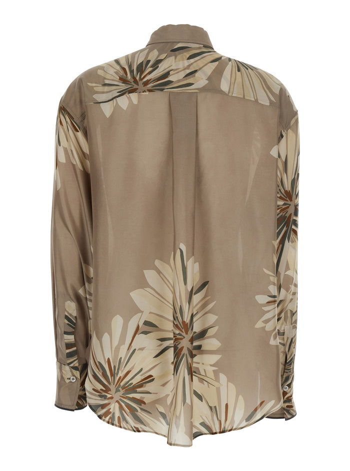 Beige Shirt with All-Over Print in Silk Woman And Blouses