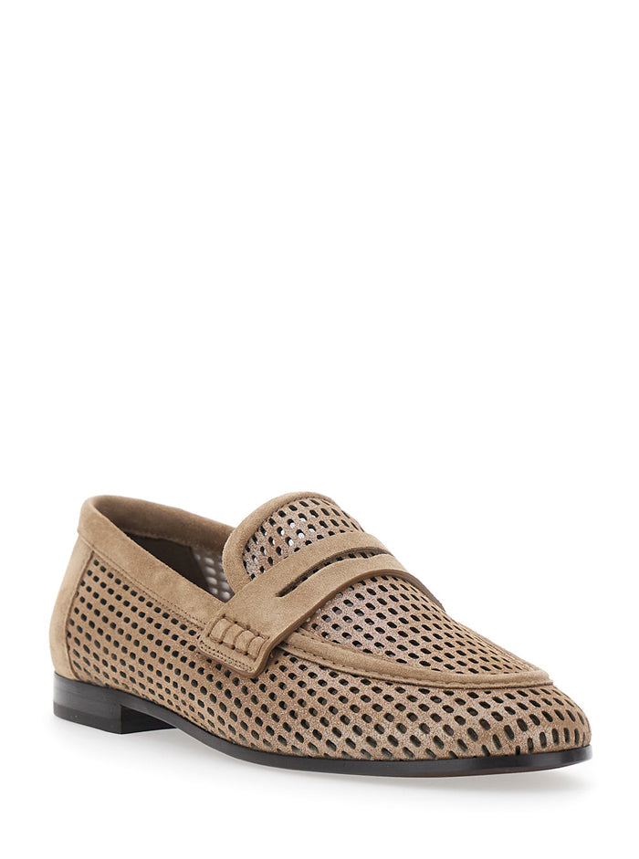 Beige Slip-On Loafers with Perforated Design In Leather for Women Calf