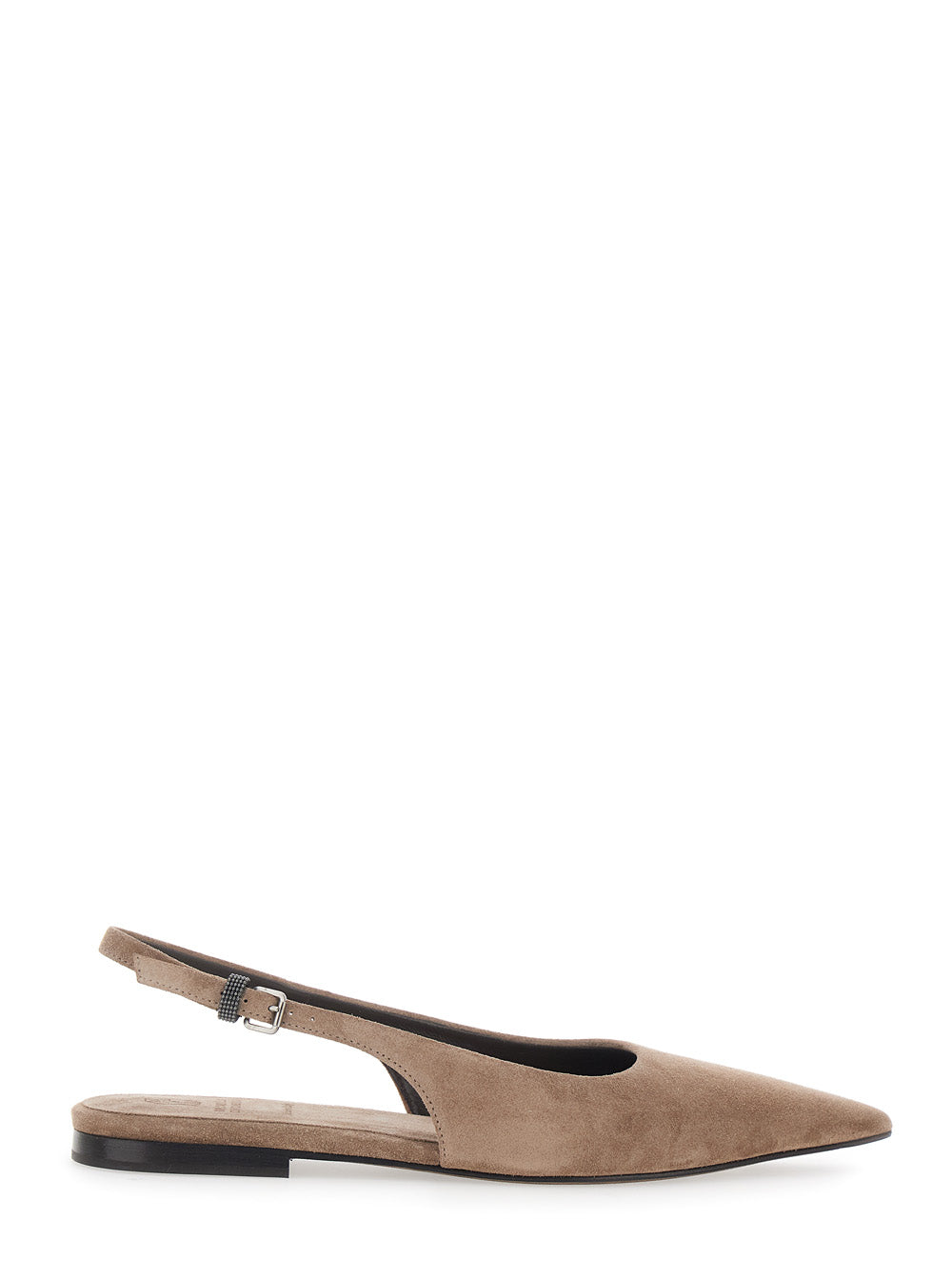 Brown Suede Slingback Ballet Shoes with Elastic Strap and Monile Detail for Women Calf Ballerinas