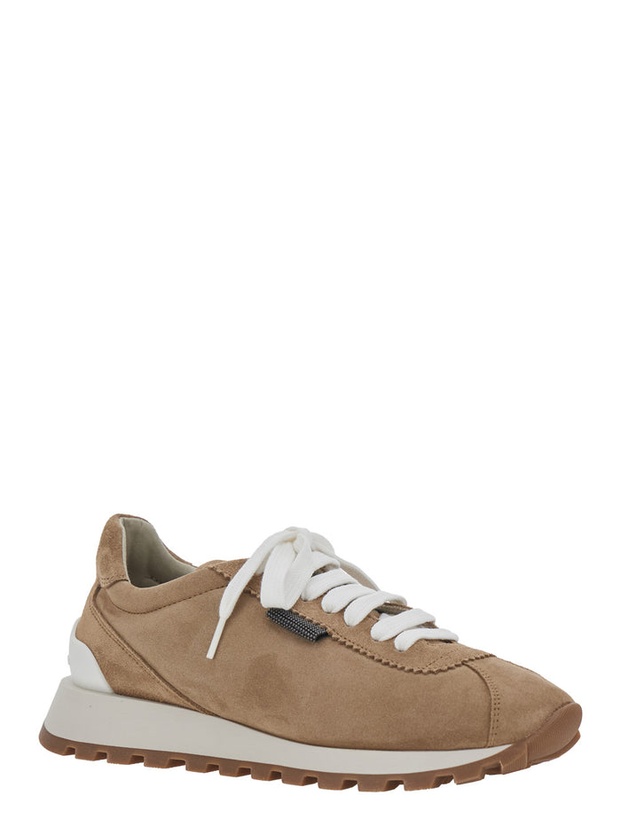 Low Top Sneaker with Monile Detail on the Side and Lettering Logo Tongue in Brown Suede for Women Calf