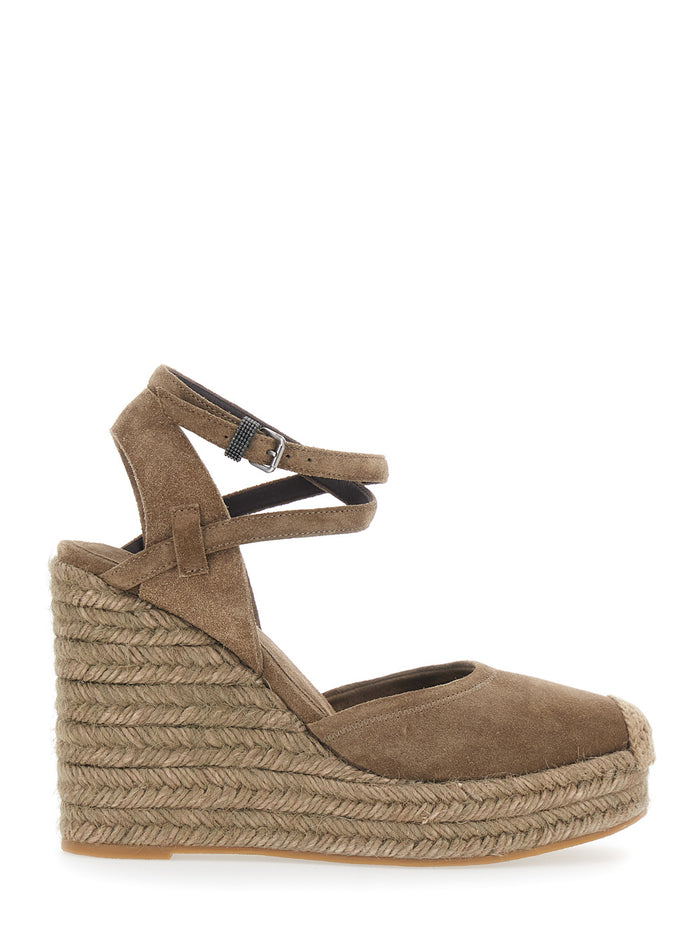 Brown Wedges with Ankle Strap and Round Toe in Suede Woman Calf