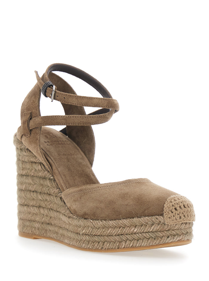 Brown Wedges with Ankle Strap and Round Toe in Suede Woman Calf