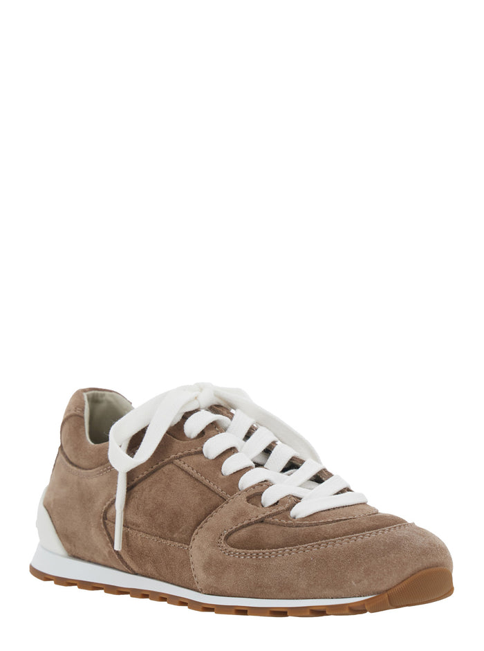 Brown Low Top Sneaker with Suede Inserts Women Calf
