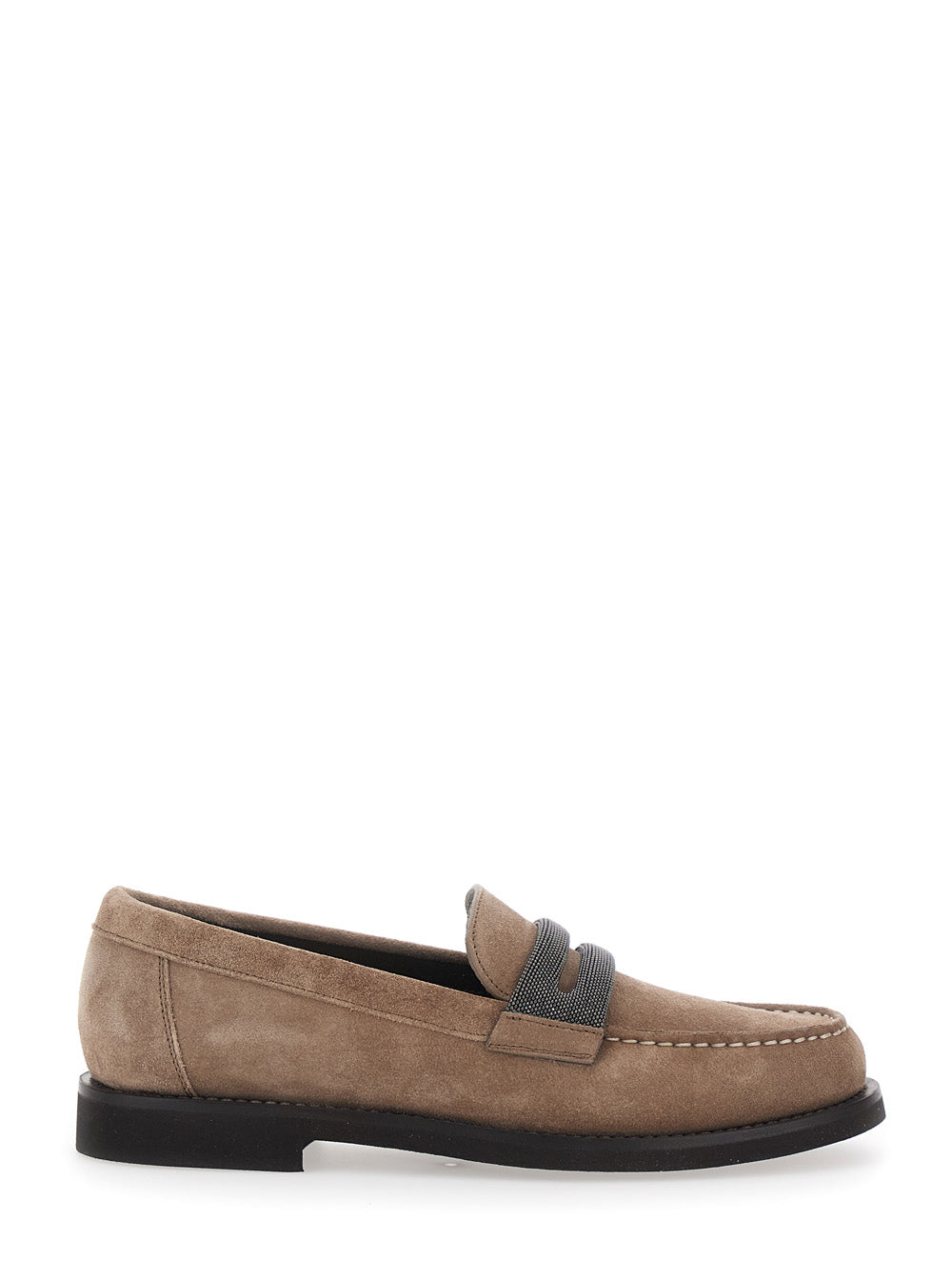 Brown Loafers with Rounded Toe and Monile Detail in Suede Woman Calf