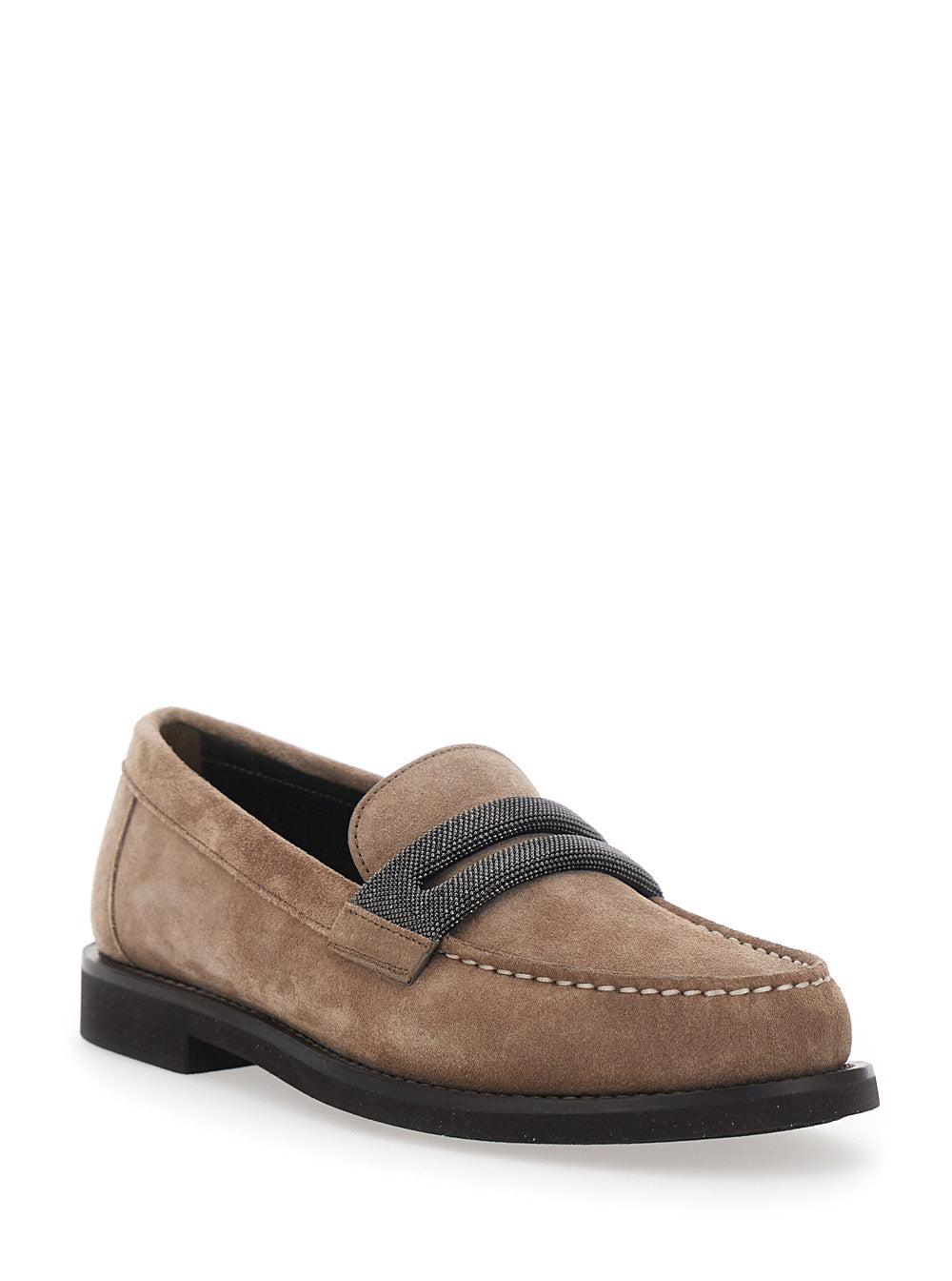 Brown Loafers with Rounded Toe and Monile Detail in Suede Woman Calf