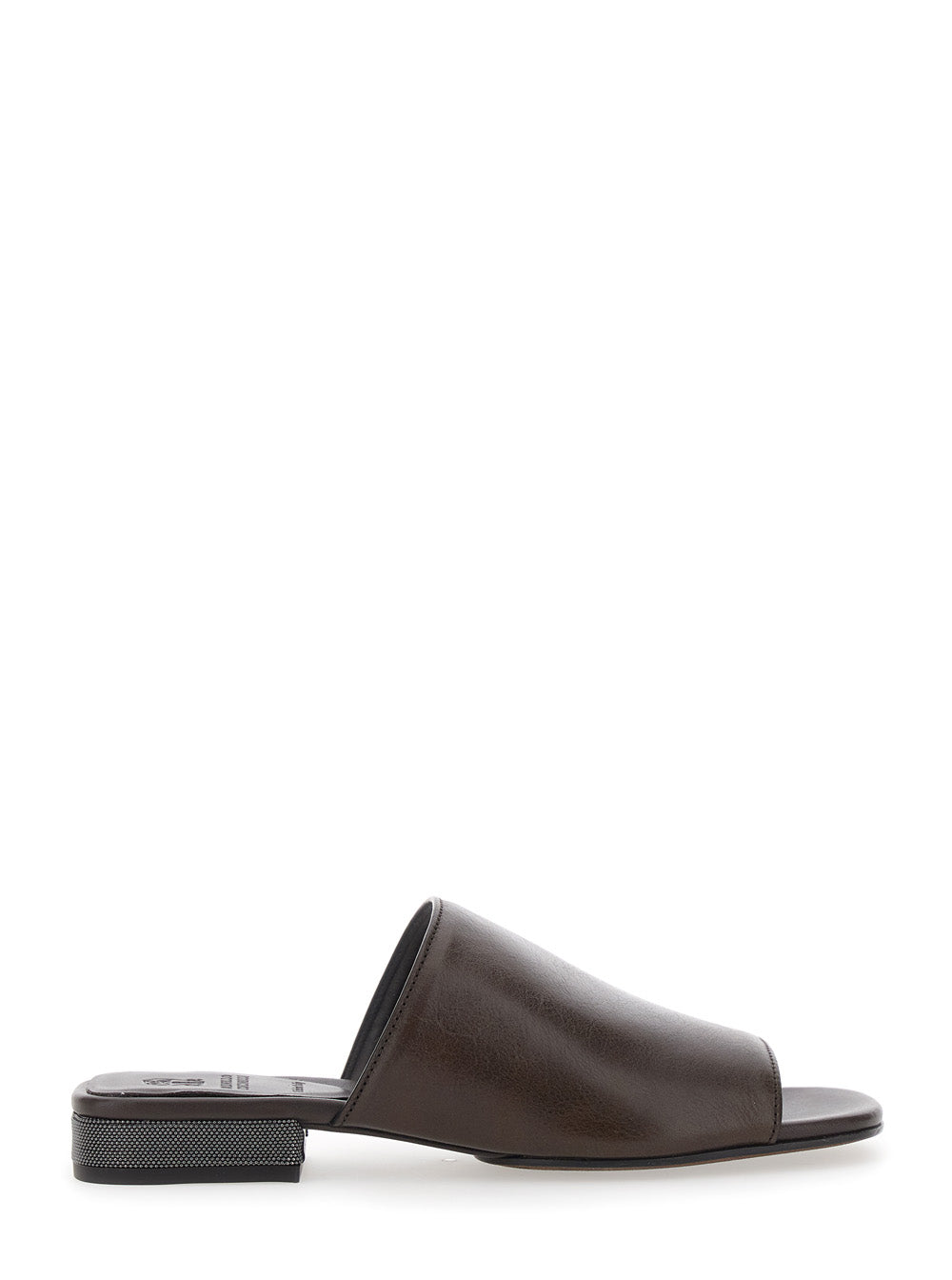 Brown Leather Sandals with Monile Detail and Bead Decoration for Women Calf Flat Shoes