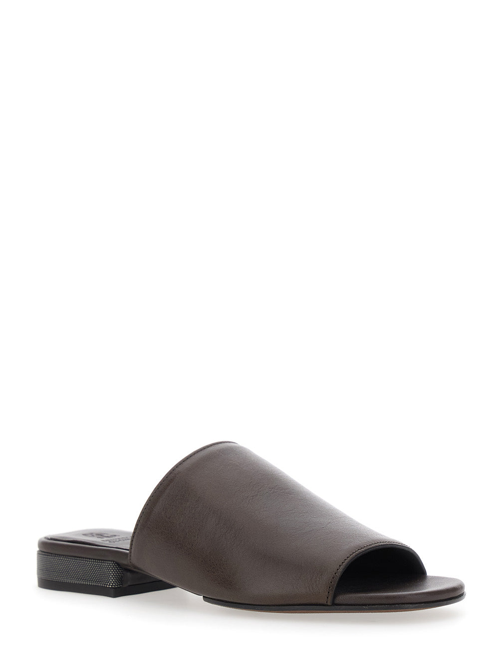Brown Leather Sandals with Monile Detail and Bead Decoration for Women Calf Flat Shoes
