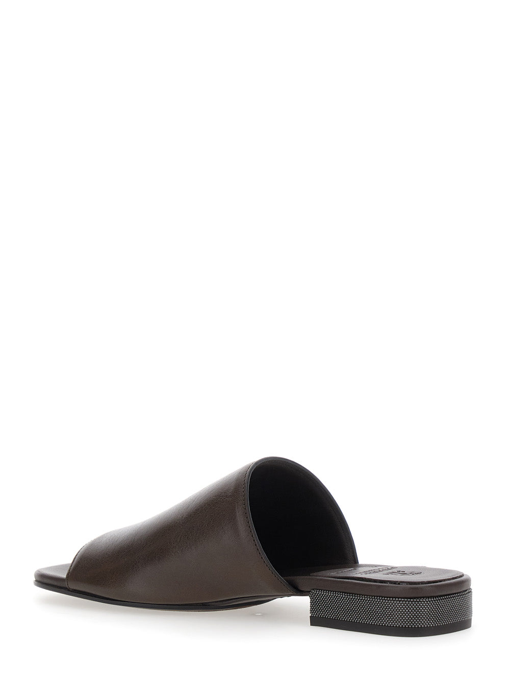 Brown Leather Sandals with Monile Detail and Bead Decoration for Women Calf Flat Shoes