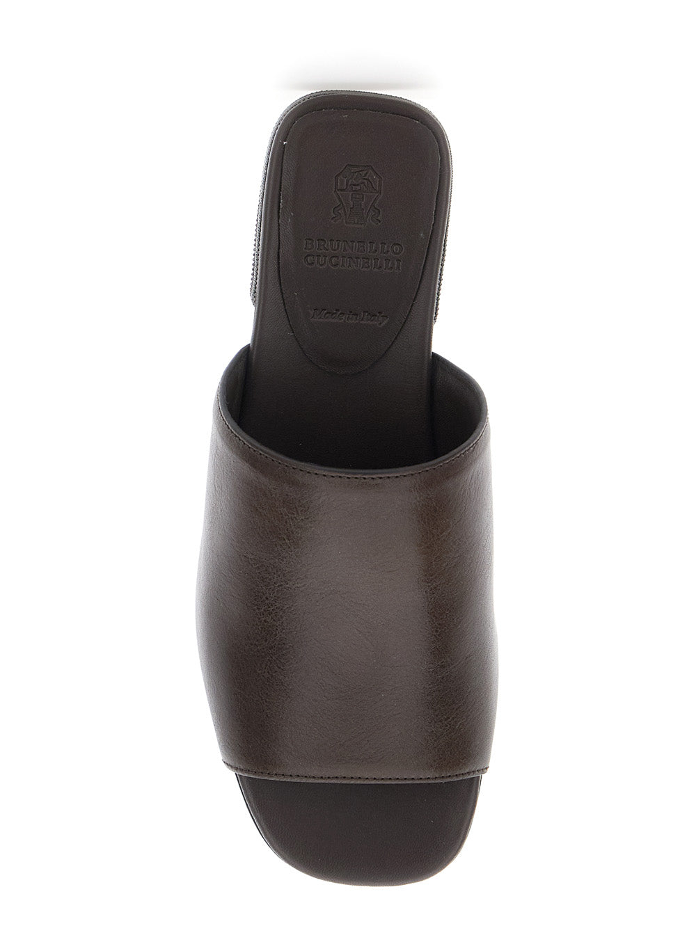 Brown Leather Sandals with Monile Detail and Bead Decoration for Women Calf Flat Shoes
